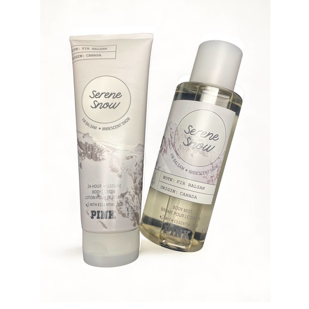 PINK Victoria's Secret Serene Snow Body Mist & Lotion w/ Essential Oils Gift Set